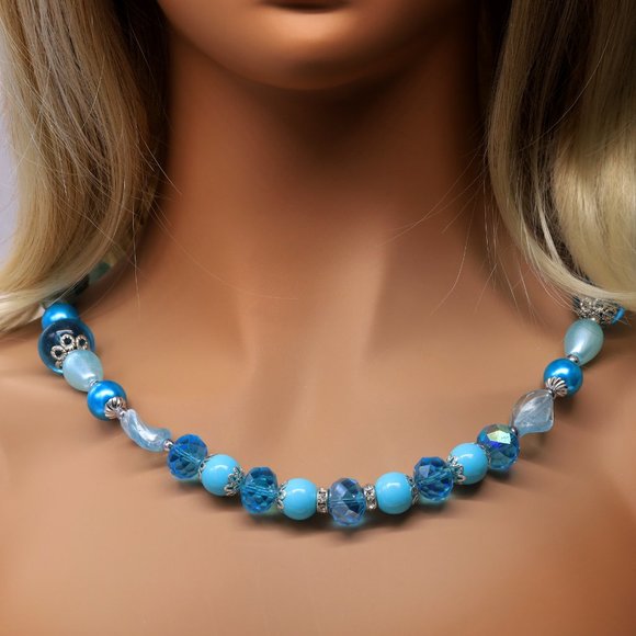 My Bead Emporium Jewelry - Necklace Turquoise Crystals Pearl Teardrops Bead Capping Hand Blown Glass Beads